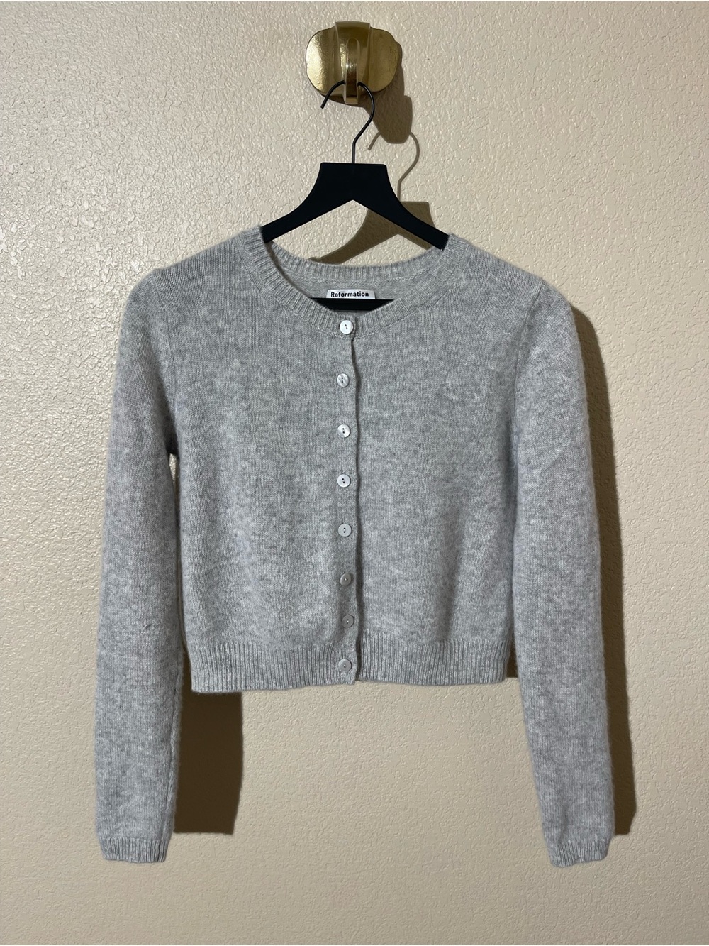 Reformation Heather Gray Cropped Button-Up Cashmere-Blend Cardigan
